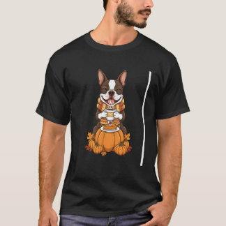 Boston Terrier Kaffee Herbst Erntedankfest Damen M T-Shirt