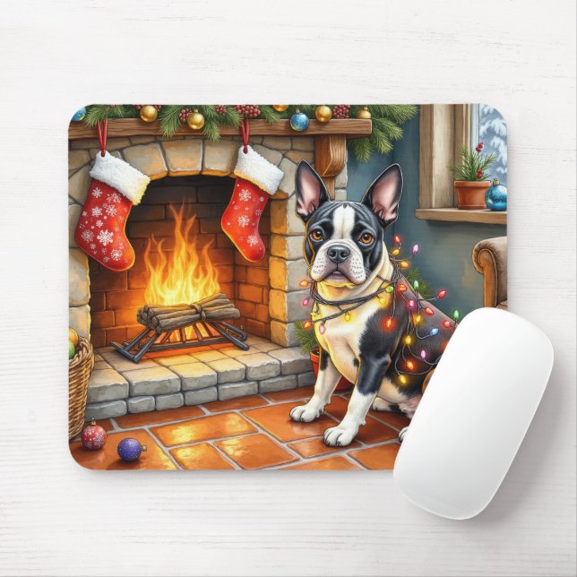 Boston Terrier Kamin mit Weihnachtslichtern Mousepad (Mit Mouse)
