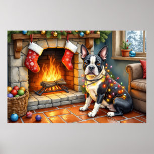 Boston Terrier Kamin mit Weihnachtslichtern Poster