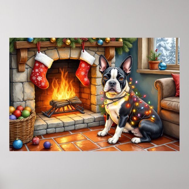 Boston Terrier Kamin mit Weihnachtslichtern Poster (Vorne)