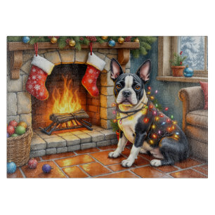 Boston Terrier Kamin mit Weihnachtslichtern Schneidebrett