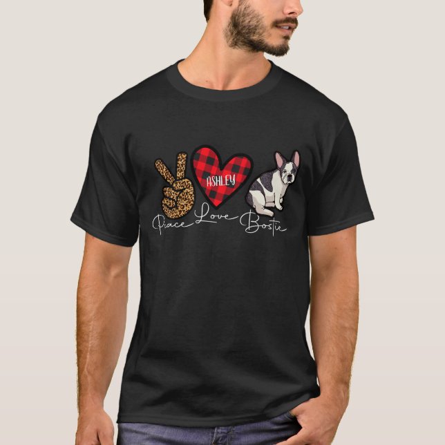 Boston Terrier Kariert Peace Liebe Niedlich Dog T-Shirt (Vorderseite)