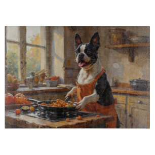 Boston Terrier kocht in der Küche Schneidebrett