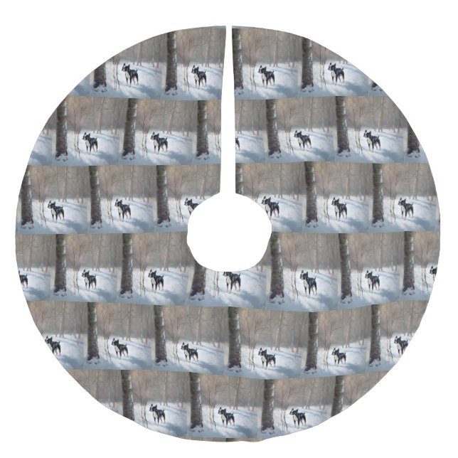 Boston Terrier lässt es Weihnachten Polyester Weihnachtsbaumdecke (Vorderseite)