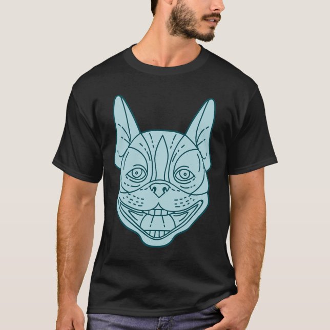 Boston Terrier Laughing Circle Mono Line T-Shirt (Vorderseite)
