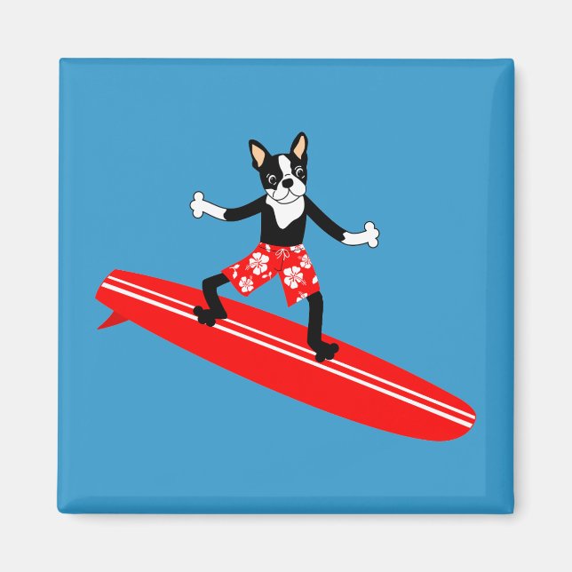 Boston Terrier Longboard Surfer Magnet (Vorne)
