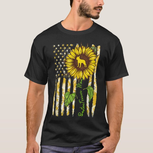 Boston Terrier Mama Sunflower American Flag Hund T-Shirt (Vorderseite)