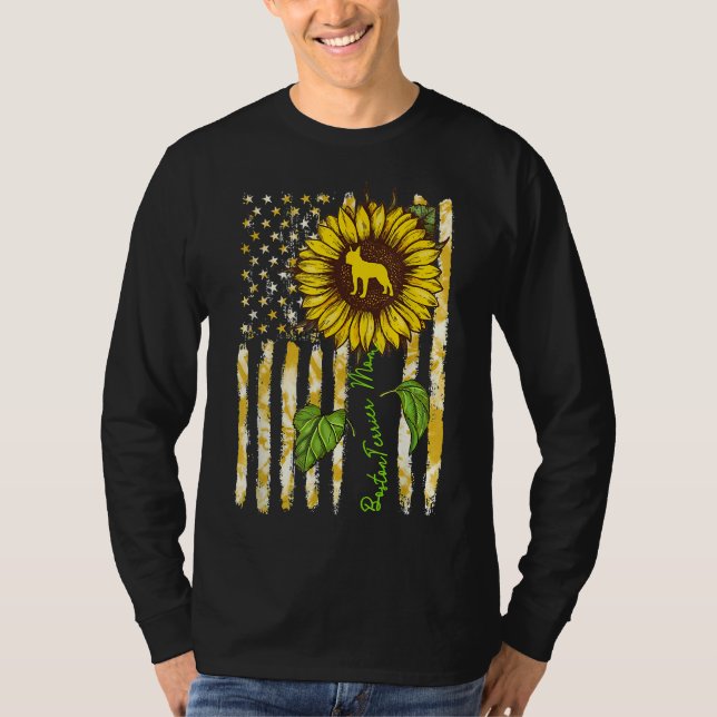 Boston Terrier Mama Sunflower American Flag Hund T-Shirt (Vorderseite)
