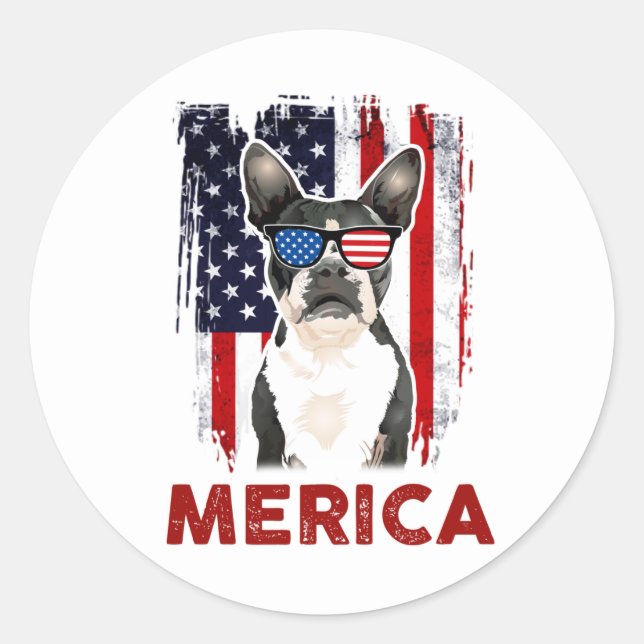 Boston Terrier Merica Patriotic American Flag 4. Runder Aufkleber (Vorderseite)