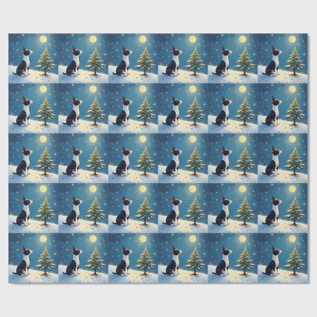 Boston Terrier Midnight Star-Gazing Christmas Geschenkpapier (Flach)