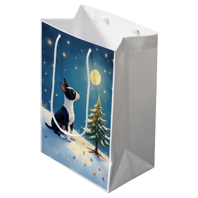 Boston Terrier Midnight Star-Gazing Christmas Mittlere Geschenktüte (Vorderseite Schrägansicht)