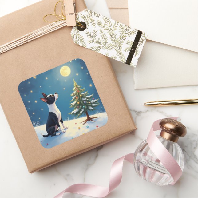 Boston Terrier Midnight Star-Gazing Christmas Quadratischer Aufkleber (Schenken)