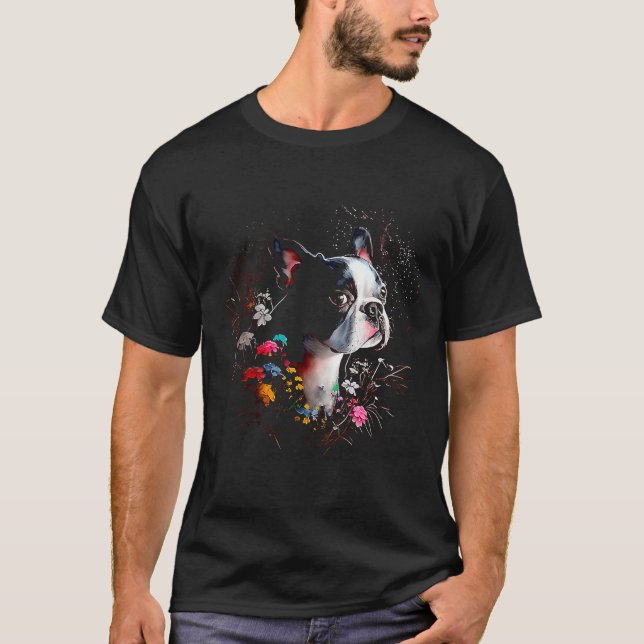 Boston Terrier mit Blume Bostie 4 T-Shirt (Vorderseite)