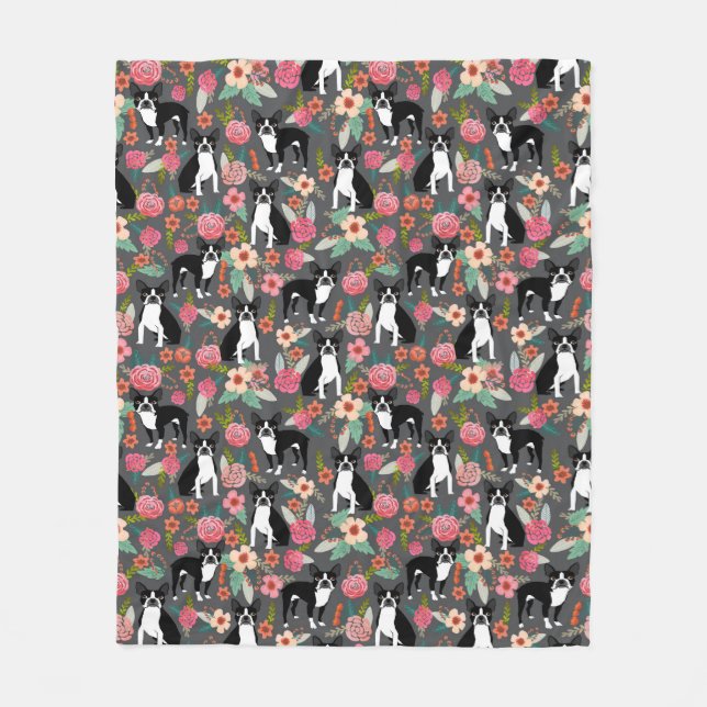 Boston-Terrier mit Blumen - Hunde und Blumen Fleecedecke (Vorderseite)