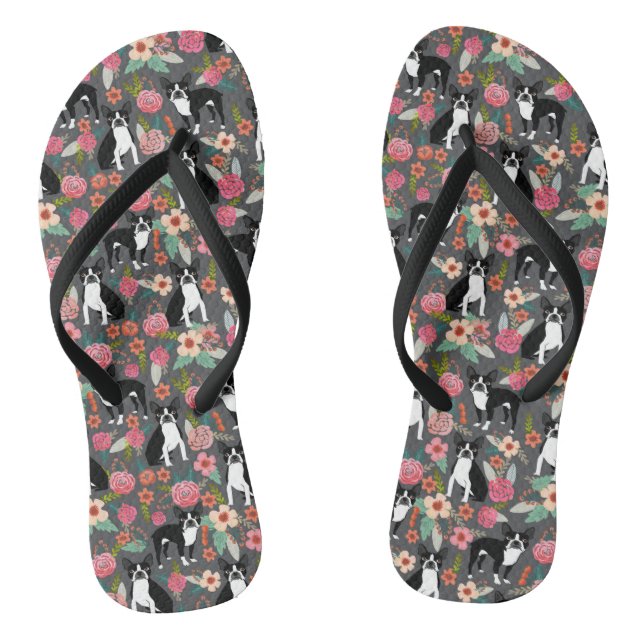 Boston-Terrier mit Blumen - Hunde und Blumen Flip Flops (Fußbett)