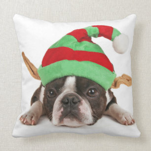 Boston Terrier mit einem Weihnachtshut Kissen