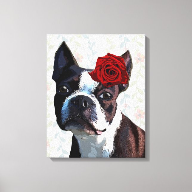 Boston Terrier mit Rose auf Head Leinwanddruck (Vorderseite)