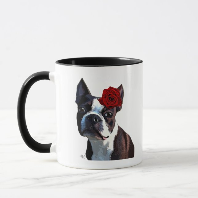 Boston Terrier mit Rose auf Nummer 2 Tasse (Links)