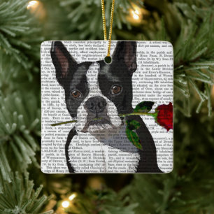 Boston Terrier mit Rose im Mund Keramikornament
