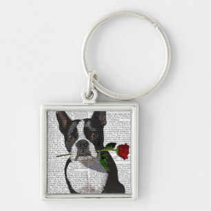 Boston Terrier mit Rose im Mund Schlüsselanhänger