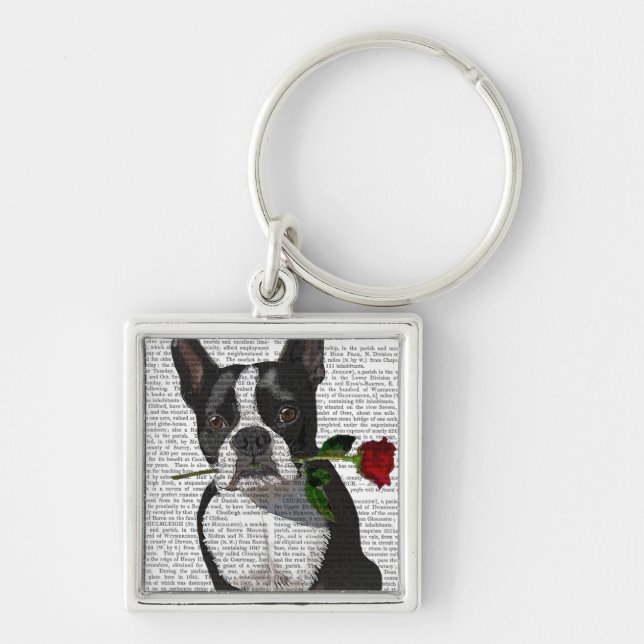 Boston Terrier mit Rose im Mund Schlüsselanhänger (Vorne)