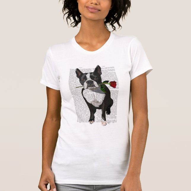 Boston Terrier mit Rose im Mund T-Shirt (Vorderseite)