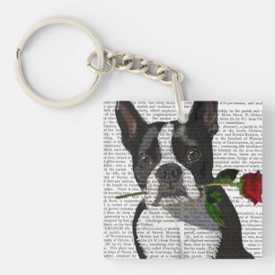 Boston Terrier mit Rose in Mouth Schlüsselanhänger