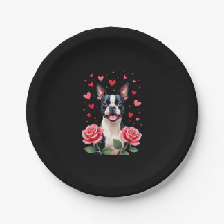 Boston Terrier mit roten Rosen Herzen Valentinstag Pappteller
