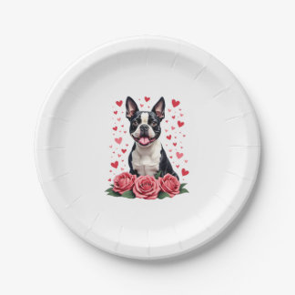 Boston Terrier mit roten Rosen Herzen Valentinstag Pappteller