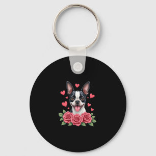 Boston Terrier mit roten Rosen Herzen Valentinstag Schlüsselanhänger
