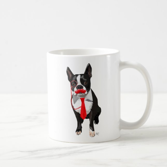 Boston Terrier mit roter Krawatte und Mustache 2 Kaffeetasse (Rechts)