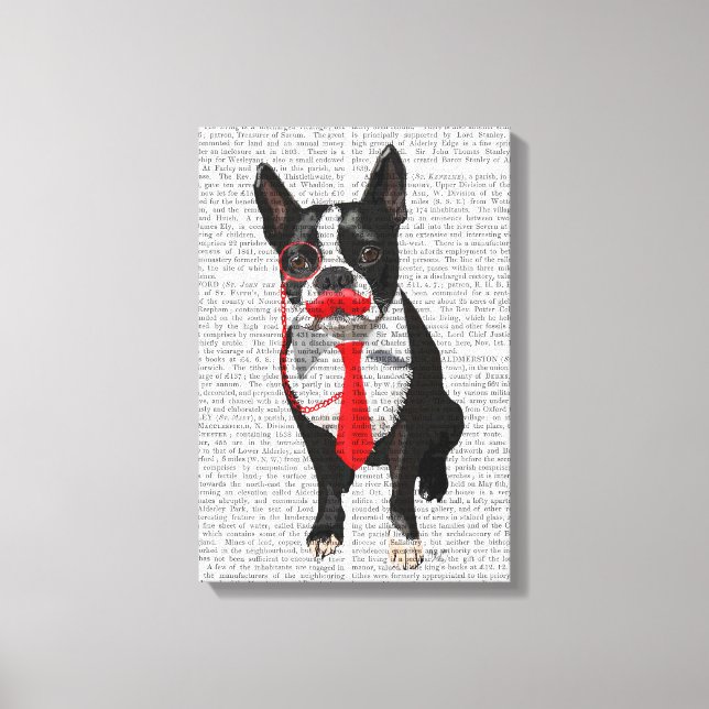 Boston Terrier mit roter Krawatte und Mustache Leinwanddruck (Vorderseite)