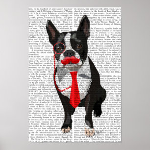 Boston Terrier mit roter Krawatte und Mustache Poster
