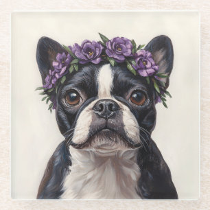 Boston Terrier mit violetter Blumenkrone Glasuntersetzer