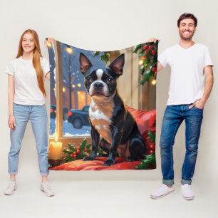 Boston Terrier mit Weihnachtsbeleuchtung Urlaub Fleecedecke