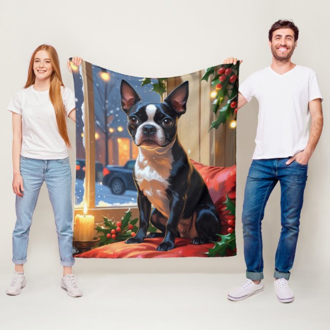 Boston Terrier mit Weihnachtsbeleuchtung Urlaub Fleecedecke (Beispiel)