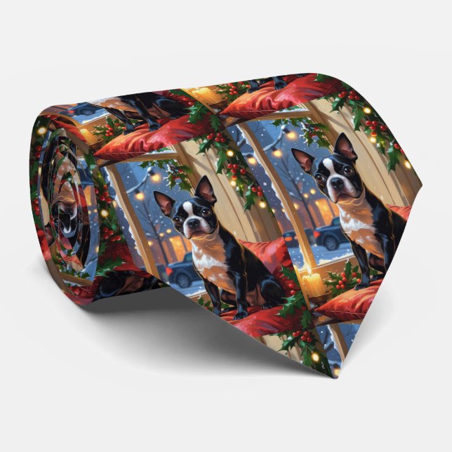 Boston Terrier mit Weihnachtsbeleuchtung Urlaub Krawatte (Gerollt)