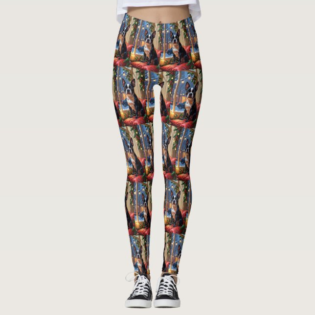 Boston Terrier mit Weihnachtsbeleuchtung Urlaub Leggings (Vorderseite)