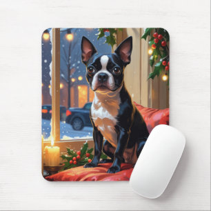 Boston Terrier mit Weihnachtsbeleuchtung Urlaub Mousepad