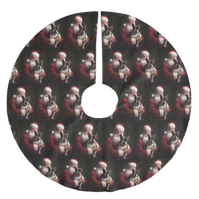 Boston Terrier mit Weihnachtsmann Weihnachten Polyester Weihnachtsbaumdecke (Vorderseite)