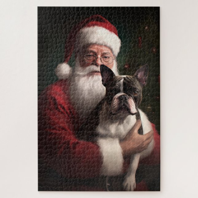 Boston Terrier mit Weihnachtsmann Weihnachten Puzzle (Vertikal)