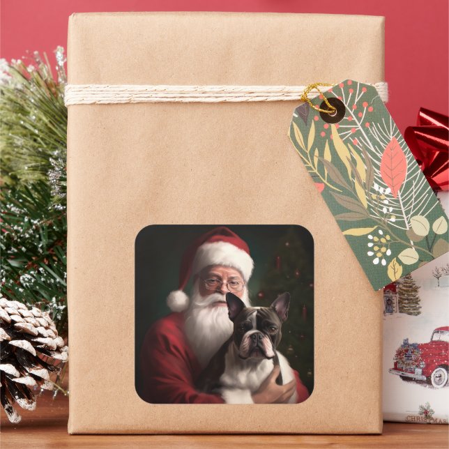 Boston Terrier mit Weihnachtsmann Weihnachten Quadratischer Aufkleber (Feiertag)
