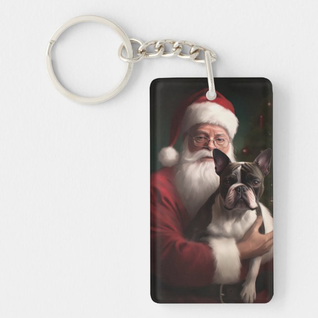 Boston Terrier mit Weihnachtsmann Weihnachten Schlüsselanhänger (Vorderseite)
