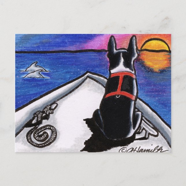 Boston Terrier Nautical Boat Sunset Off Leash Art™ Postkarte (Vorderseite)
