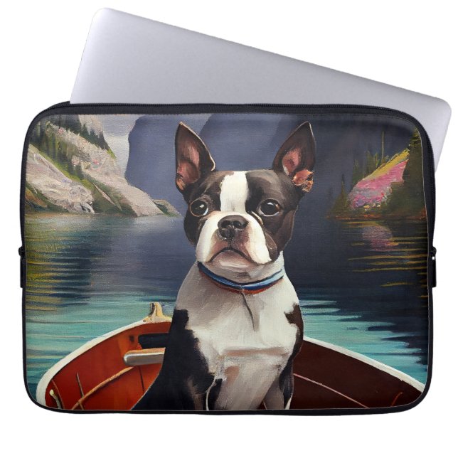 Boston Terrier on a Paddle: Ein Landschaftliches A Laptopschutzhülle (Vorderseite)