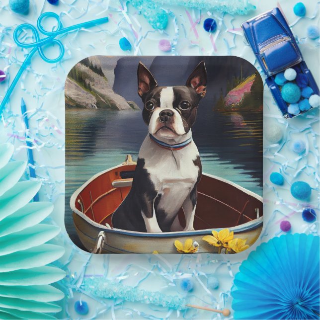 Boston Terrier on a Paddle: Ein Landschaftliches A Pappteller (Party)