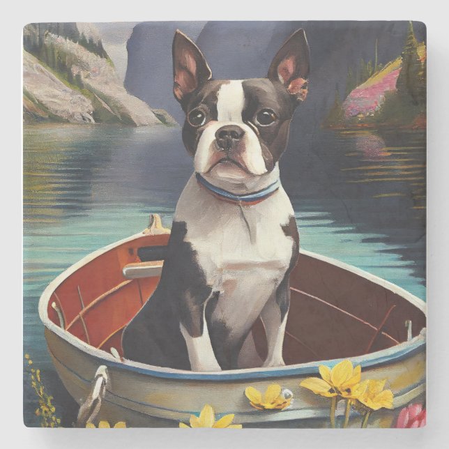 Boston Terrier on a Paddle: Ein Landschaftliches A Steinuntersetzer (Vorderseite)