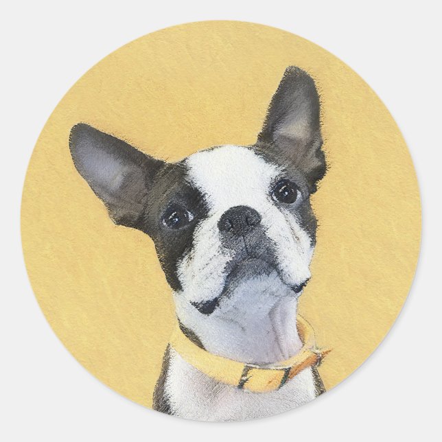 Boston Terrier Painting - Niedliche Original Dog A Runder Aufkleber (Vorderseite)
