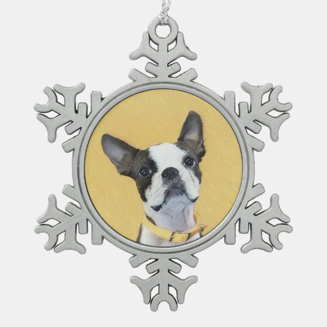 Boston Terrier Painting - Niedliche Original Dog A Schneeflocken Zinn-Ornament (Vorderseite)