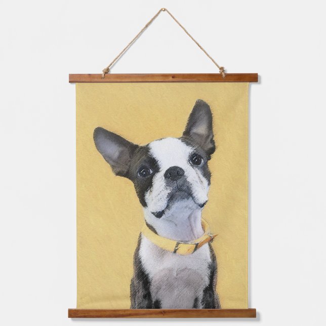 Boston Terrier Painting - Niedliche Original Dog A Wandteppich Mit Holzrahmen (Vorderseite)